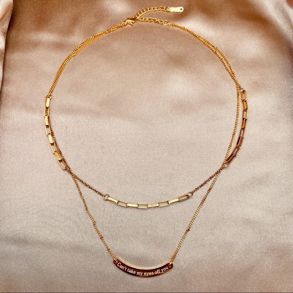 18K Gold Dainty layered necklace Curved Bar Engraved Can’t take my eyes off you. - Picture 6 of 13